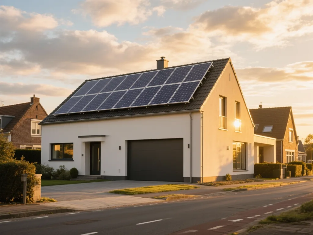 Maison avec panneaux photovoltaïques en Belgique, installation moderne sous lumière du matin
