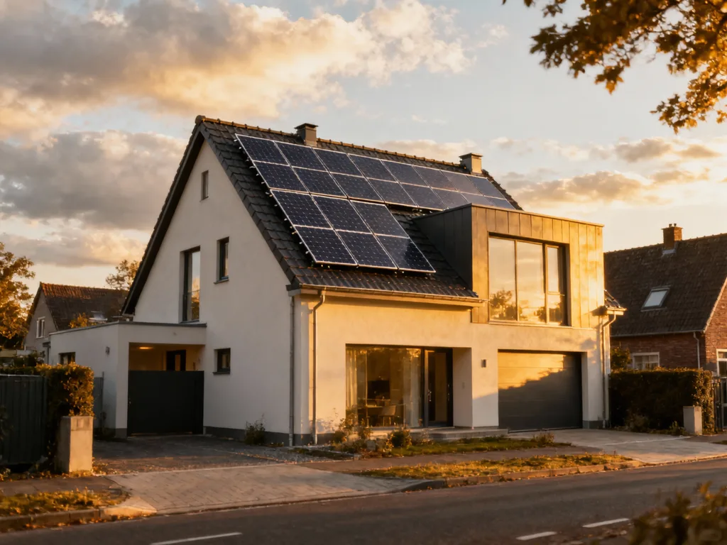 Maison avec panneaux photovoltaïques en Belgique, installation moderne sous lumière du matin