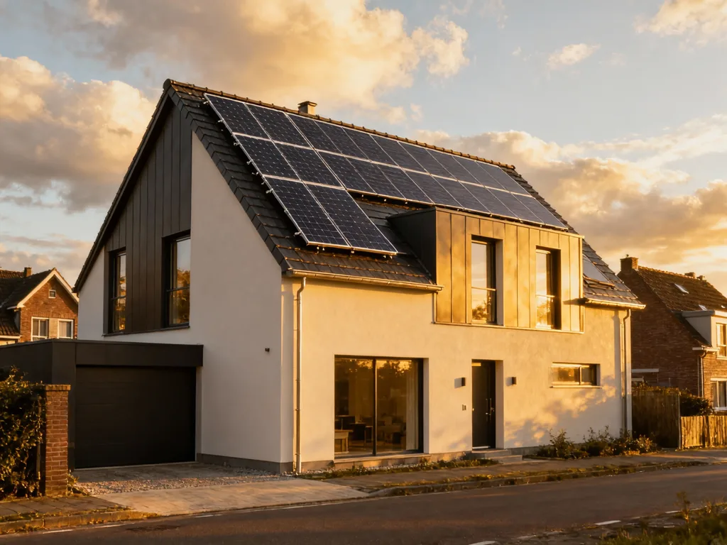 Maison avec panneaux photovoltaïques en Belgique, installation moderne sous lumière du matin