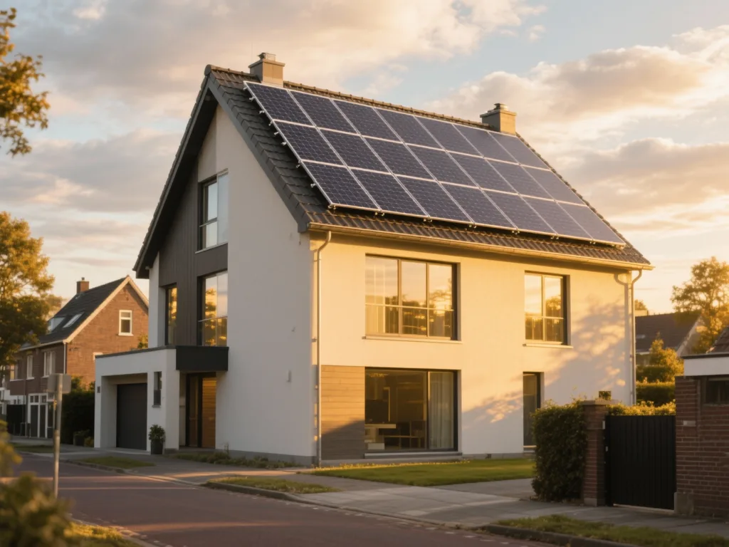 Maison avec panneaux photovoltaïques en Belgique, installation moderne sous lumière du matin