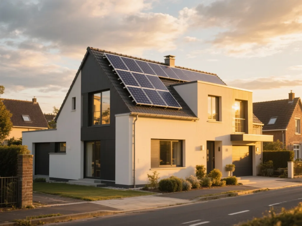 Maison avec panneaux photovoltaïques en Belgique, installation moderne sous lumière du matin