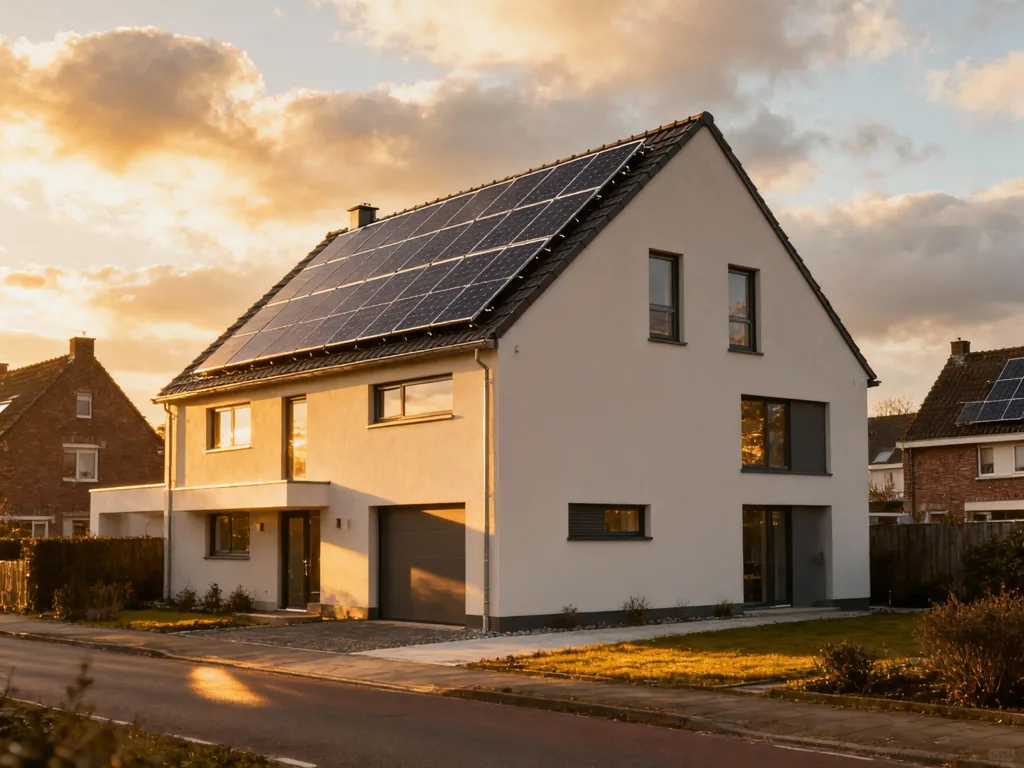 Maison avec panneaux photovoltaïques en Belgique, installation moderne sous lumière du matin