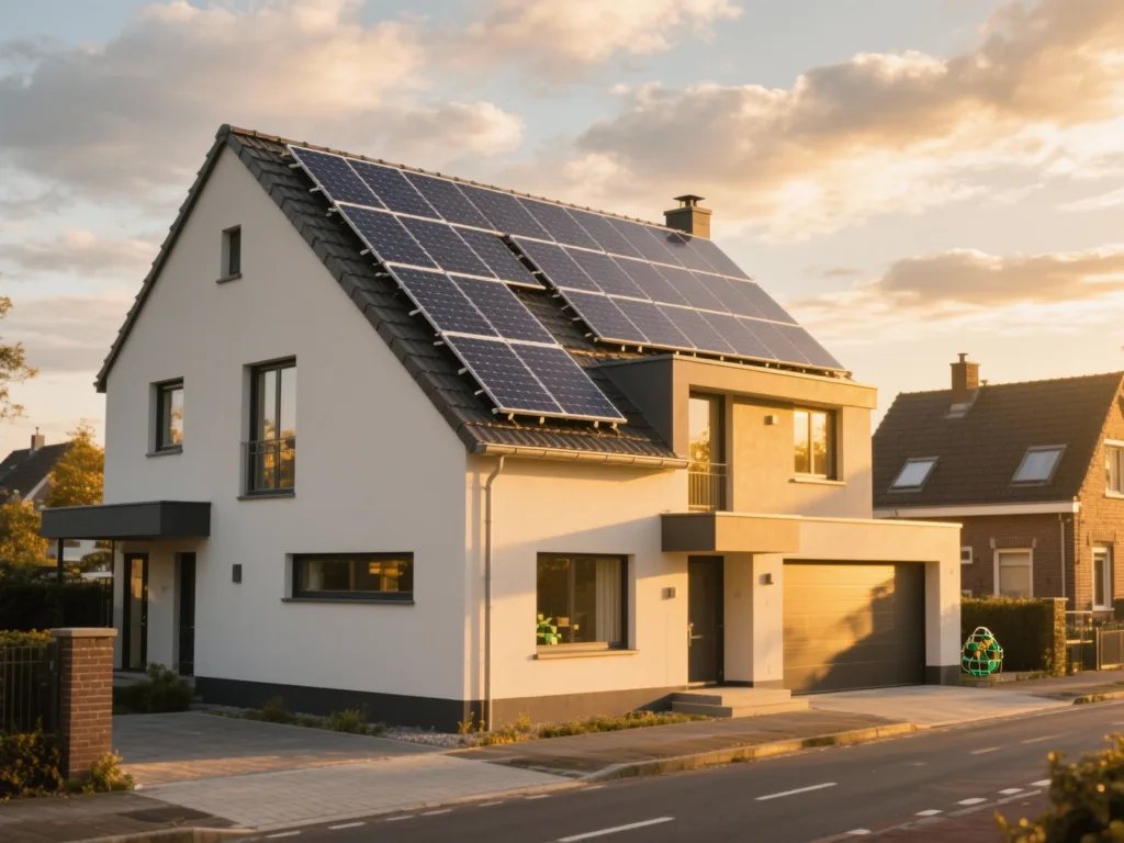 Maison avec panneaux photovoltaïques en Belgique, installation moderne sous lumière du matin