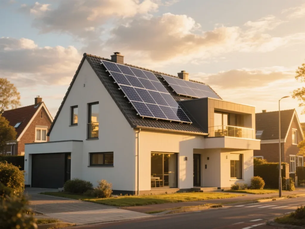 Maison avec panneaux photovoltaïques en Belgique, installation moderne sous lumière du matin