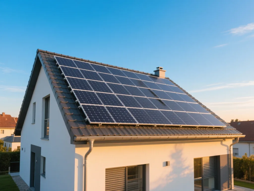Maison avec panneaux solaires photovoltaïques sous lumière douce de fin de journée