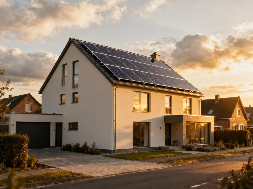 Maison avec panneaux photovoltaïques en Belgique, installation moderne sous lumière du matin