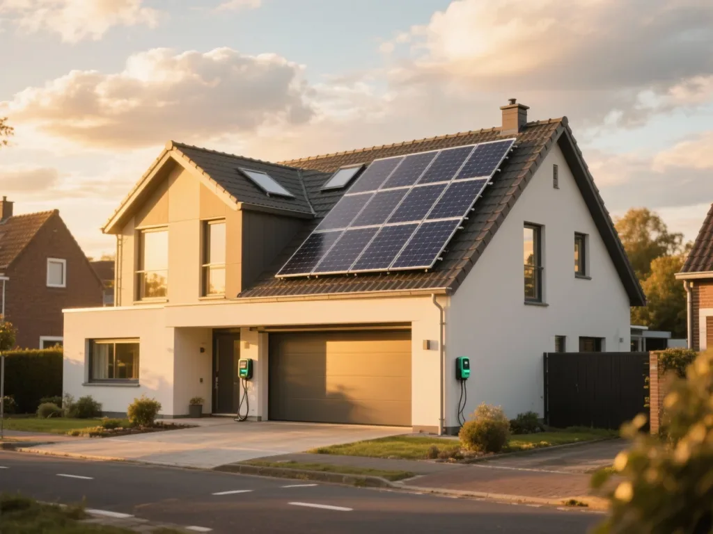 Maison avec panneaux photovoltaïques en Belgique, installation moderne sous lumière du matin