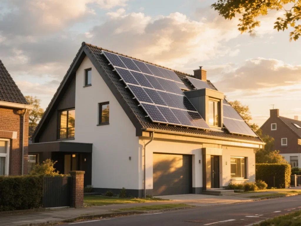 Maison avec panneaux photovoltaïques en Belgique, installation moderne sous lumière du matin