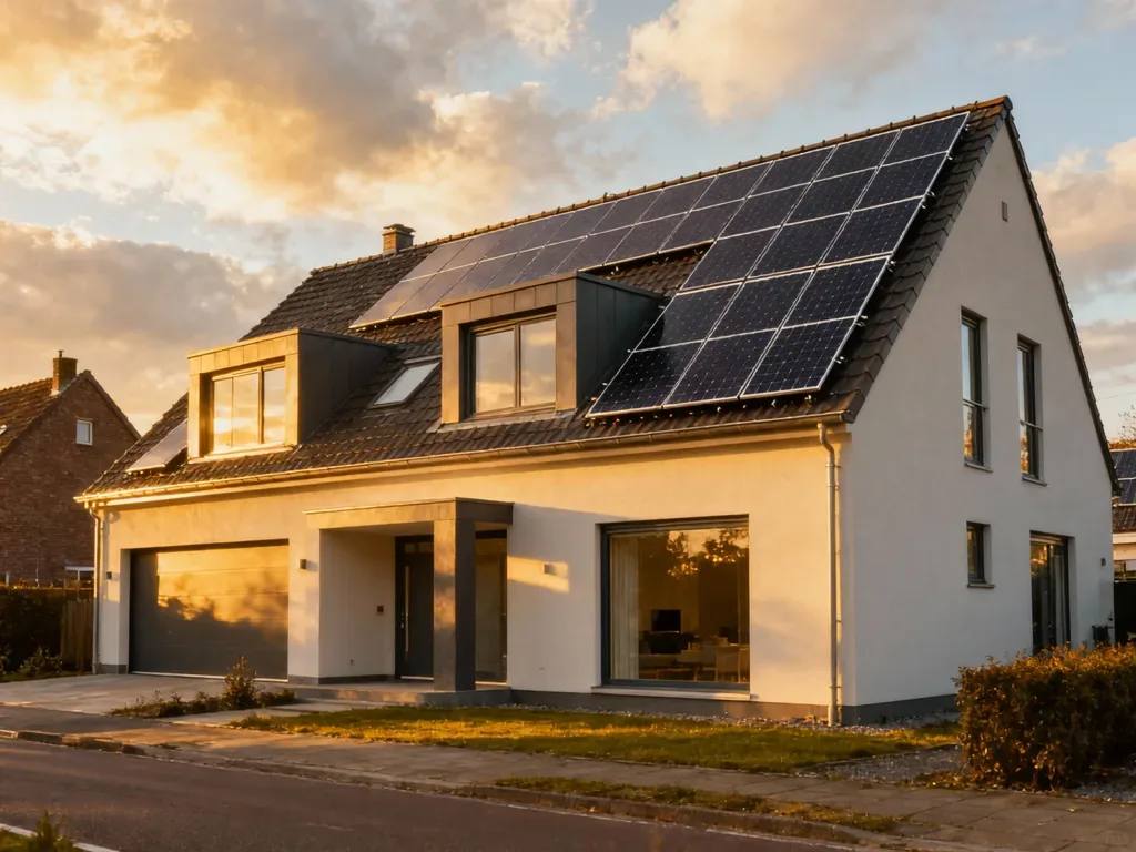 Maison avec panneaux photovoltaïques en Belgique, installation moderne sous lumière du matin