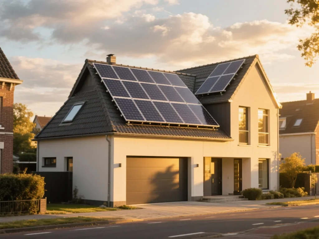 Maison avec panneaux photovoltaïques en Belgique, installation moderne sous lumière du matin