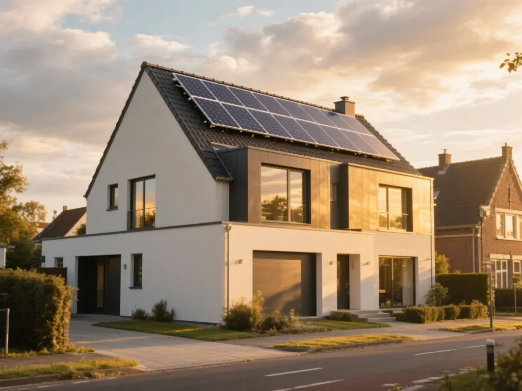 Maison avec panneaux photovoltaïques en Belgique, installation moderne sous lumière du matin