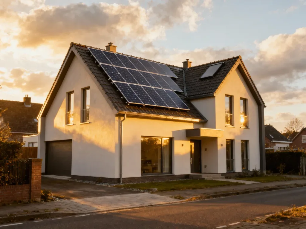 Maison avec panneaux photovoltaïques en Belgique, installation moderne sous lumière du matin